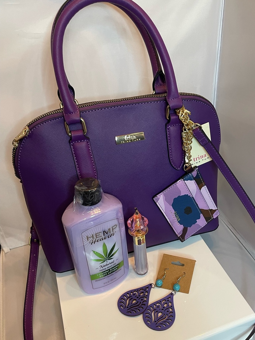Purple Bundle! 💜 Trina Turk bag, Lavender Hemp lotion, JS & Earrings